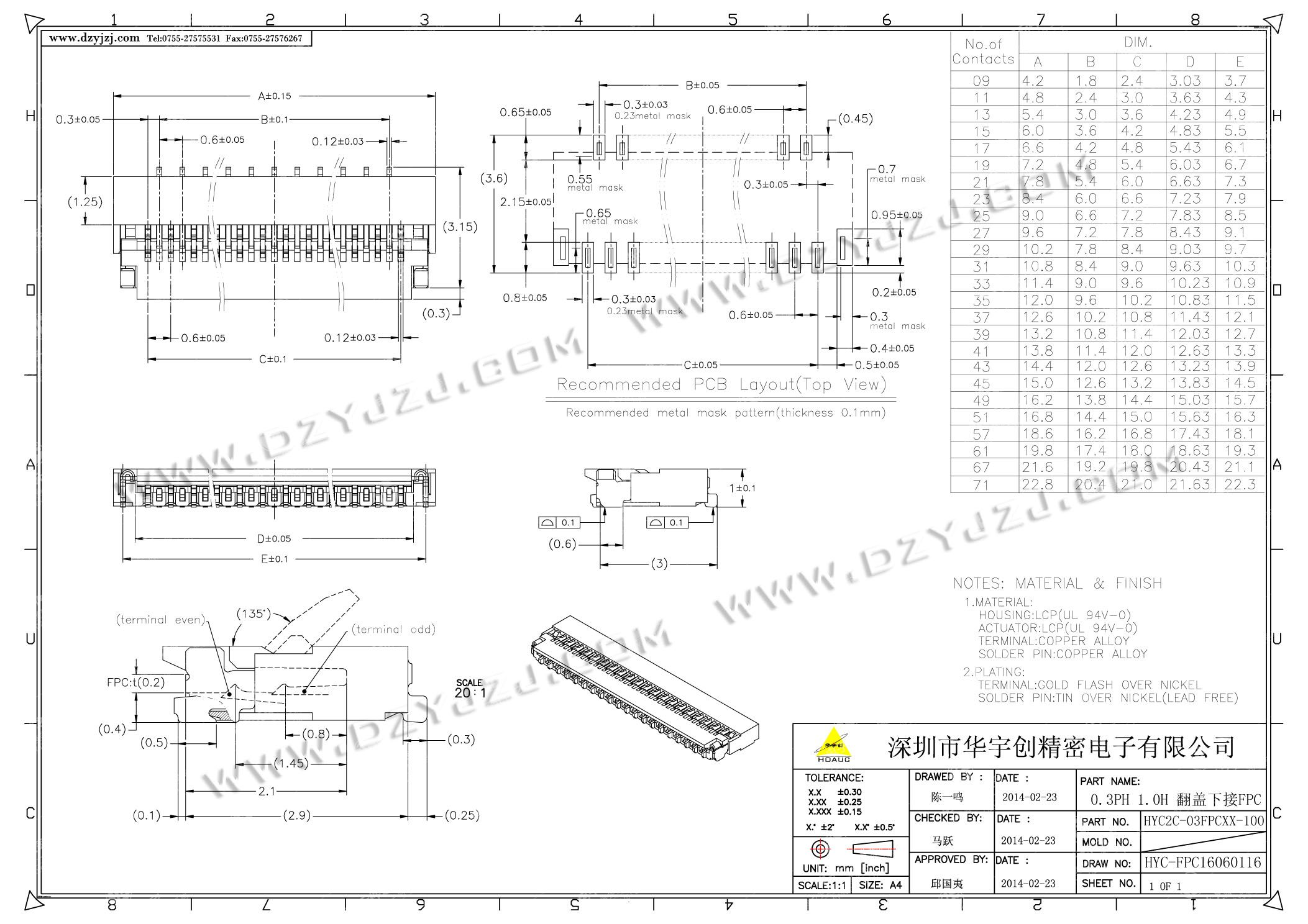 0.3PH 1.0H 翻盖下接FPC