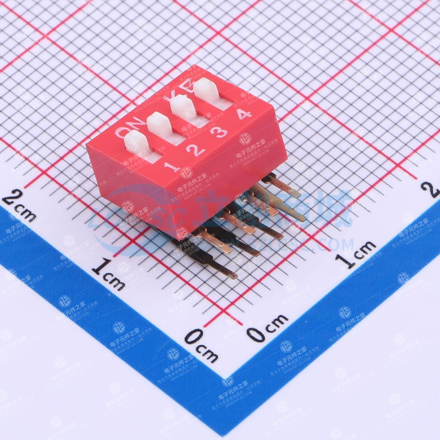 2.54mm 宽体红色4位弯脚90°拨码开关