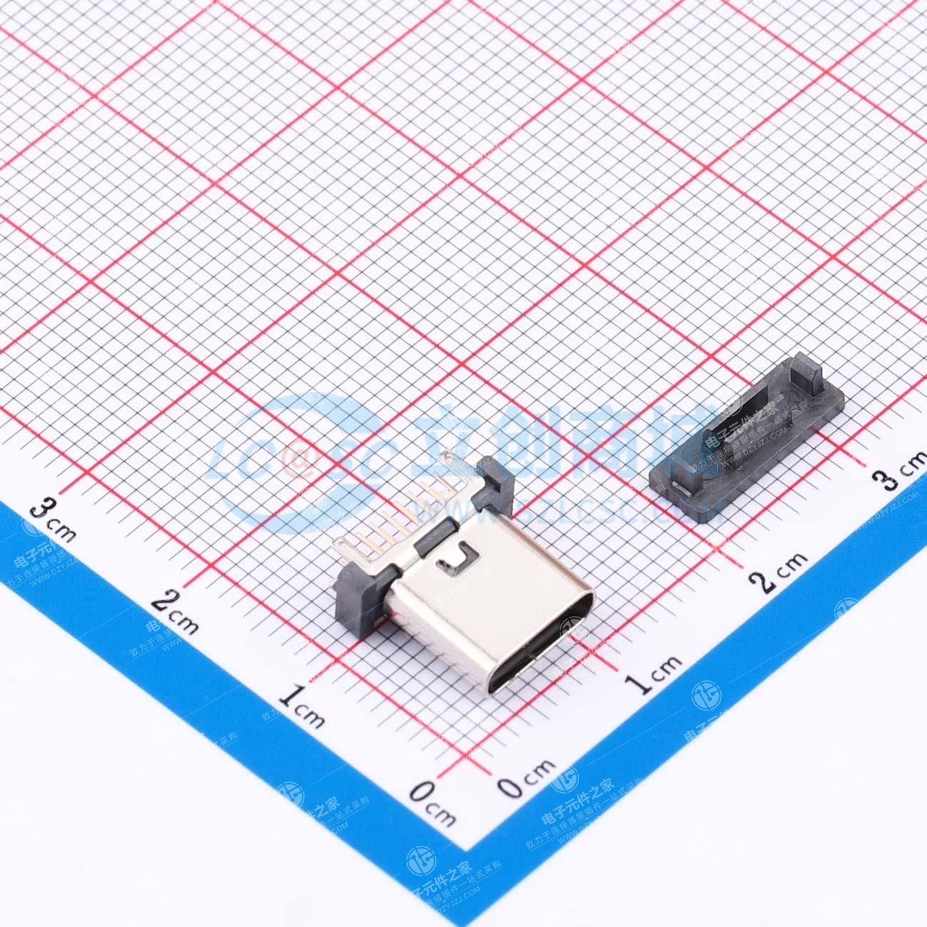 USB连接器 TYPE C 16P 180度立插DIP型H=10.0脚长2.0适用1.6mm板子