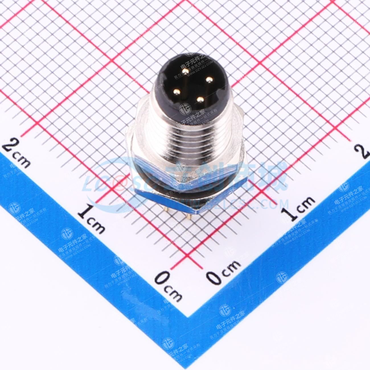 CAZN正成防水连接器M8板前安装针型金属插座4芯D编码PCB插板式法兰座锁板牙M8*0.5