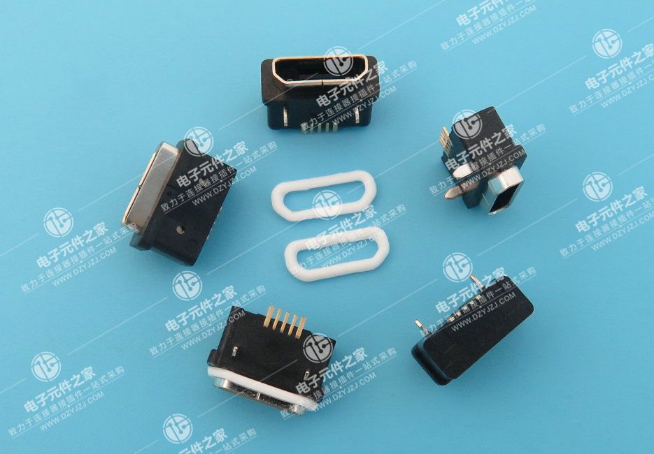 MICRO USB 5P带防水胶圈板上SMT长头