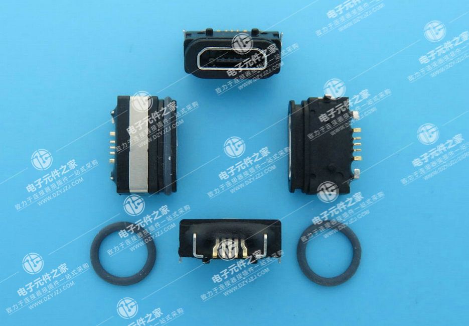MICRO USB B口 5P带防水胶圈 板上外壳DIP 端子SMT
