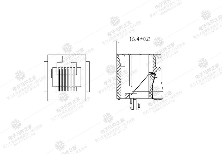 RJ11 180°DIP 6P6C 带耳体长16.4
