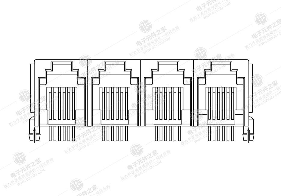 RJ11 1X4 6P6C 90°DIP 全塑带耳 体长13.0