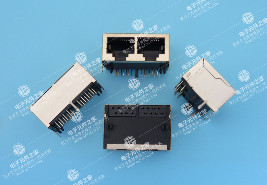 RJ45 90°DIP 1X2无灯带屏蔽 体长21
