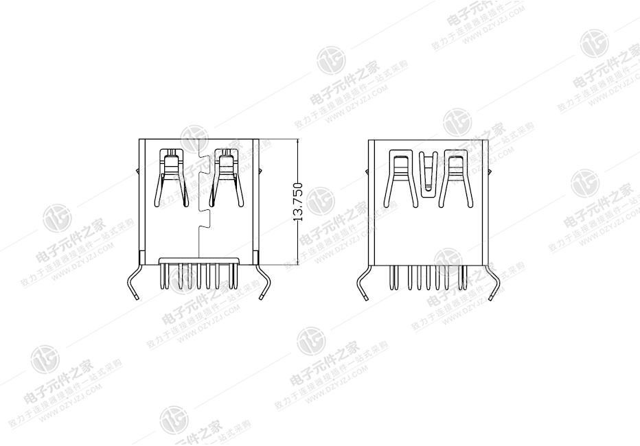 USB 3.0 AF 180°DIP 弯脚无边 体长13.7