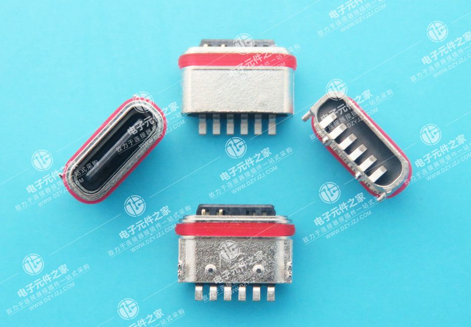 USB TYPE C 防水母座6P 外壳DIP 端子SMT带柱