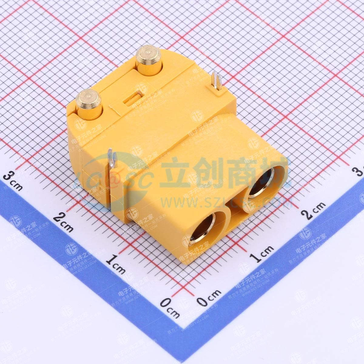 AMASS(艾迈斯)PCB焊板式卧式航模连接器 锂电池大电流插头 30A二芯PCB直插 镀金 黄色 母头XT90PW-F30.G.Y